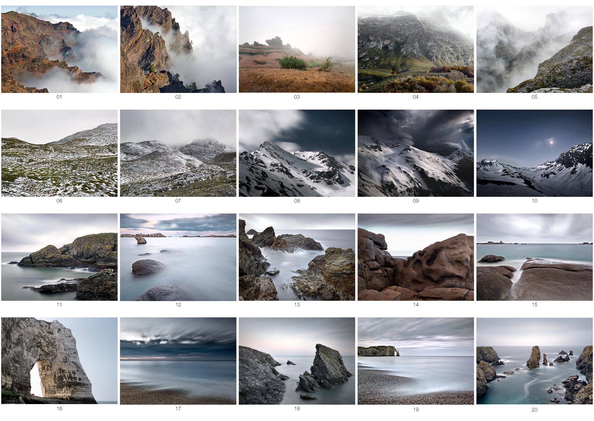 Hier sehen Sie die Bildübersicht des Langzeitprojekts Die Stille Landschaft von Herbert Böttcher. Die Aufnahmen zeigen Fotografien von europäischen Hochgebirgen und Küsten.